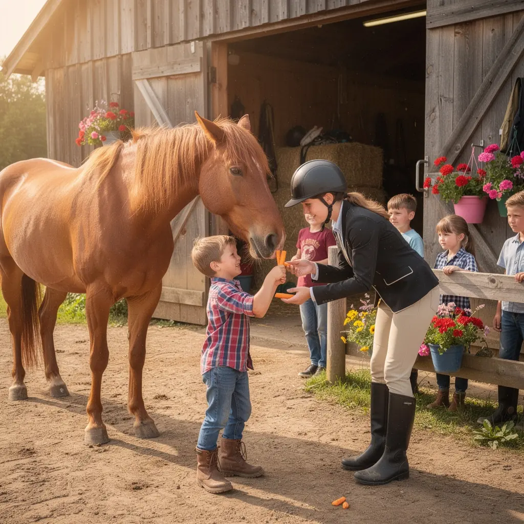 Дом с конюшнями и пастбищами для лошадей в живописной местности.
