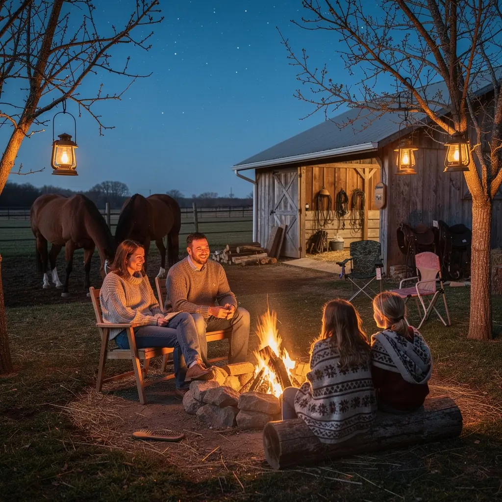 Лошади на пастбище рядом с уютным загородным домом.