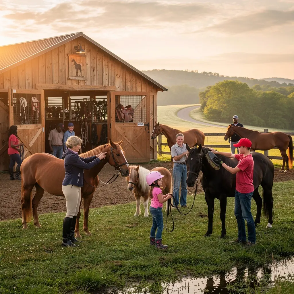 Семья, наслаждающаяся прогулкой на лошадях по тропе